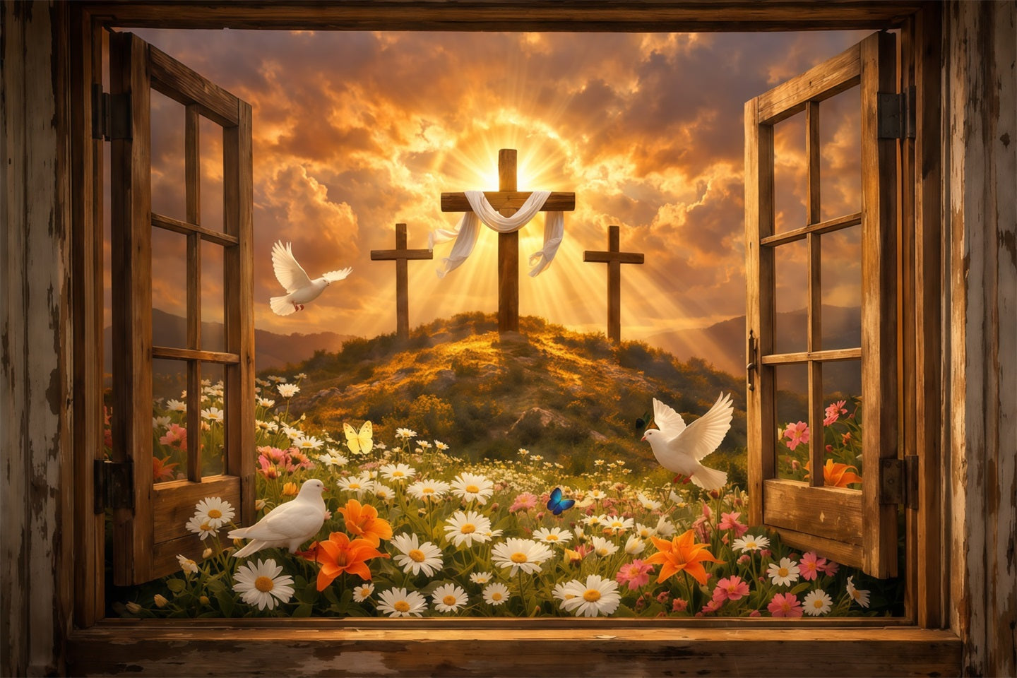 Ostern Kirche Hintergrund Auferstehung Hügel Sonnenaufgang Offenes Fenster Ostern Fotohintergründe LXX62-37