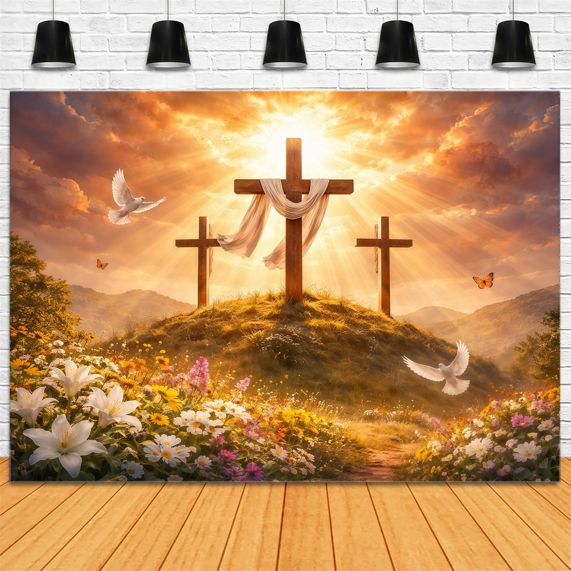 Ostern Kirche Hintergrund Goldene Herrlichkeit Drei Kreuze Wiese Ostern Fotohintergründe LXX62-38