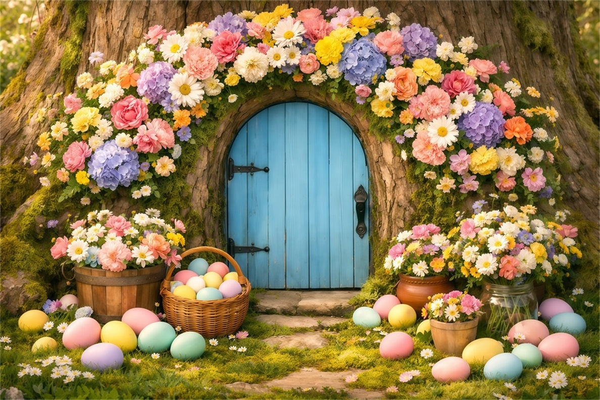 Hintergrund mit Ostereiern Pastellfarbener Blumenbaum Türöffnung Osterhintergrund für Fotos LXX62-49