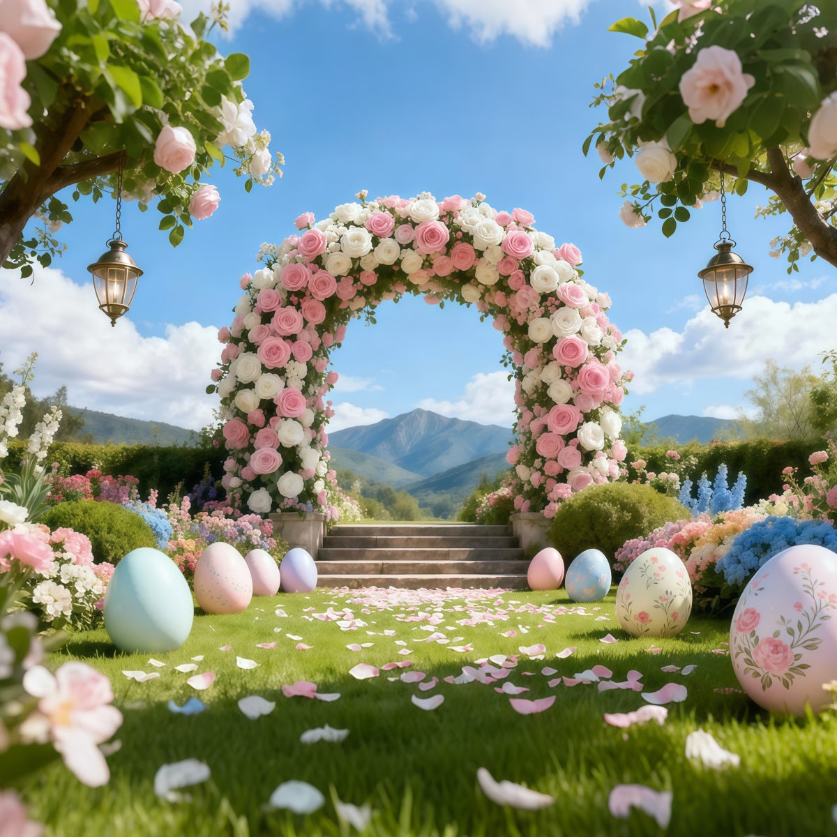 Hintergrund mit Eiern Romantischer Garten Rosenbogen Berglandschaft Hintergrund Ostern LXX62-50