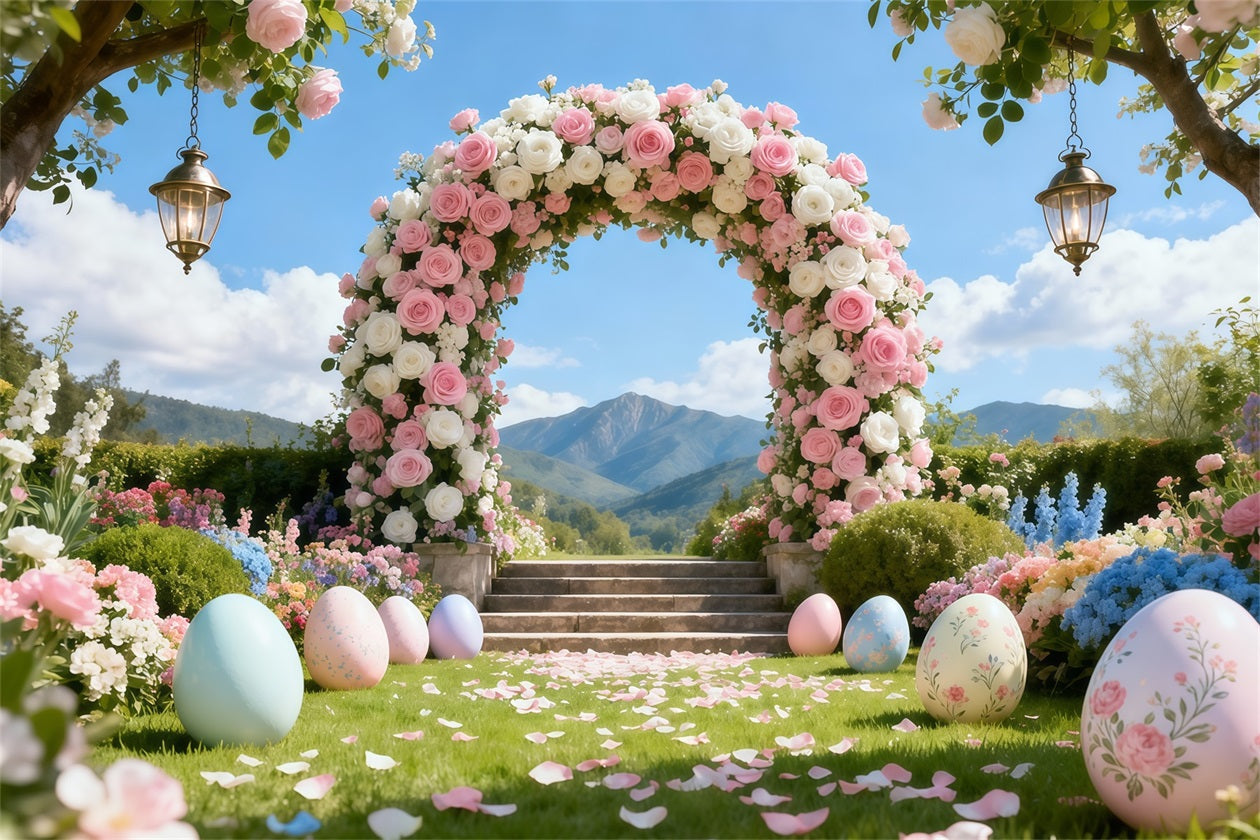 Hintergrund mit Eiern Romantischer Garten Rosenbogen Berglandschaft Hintergrund Ostern LXX62-50
