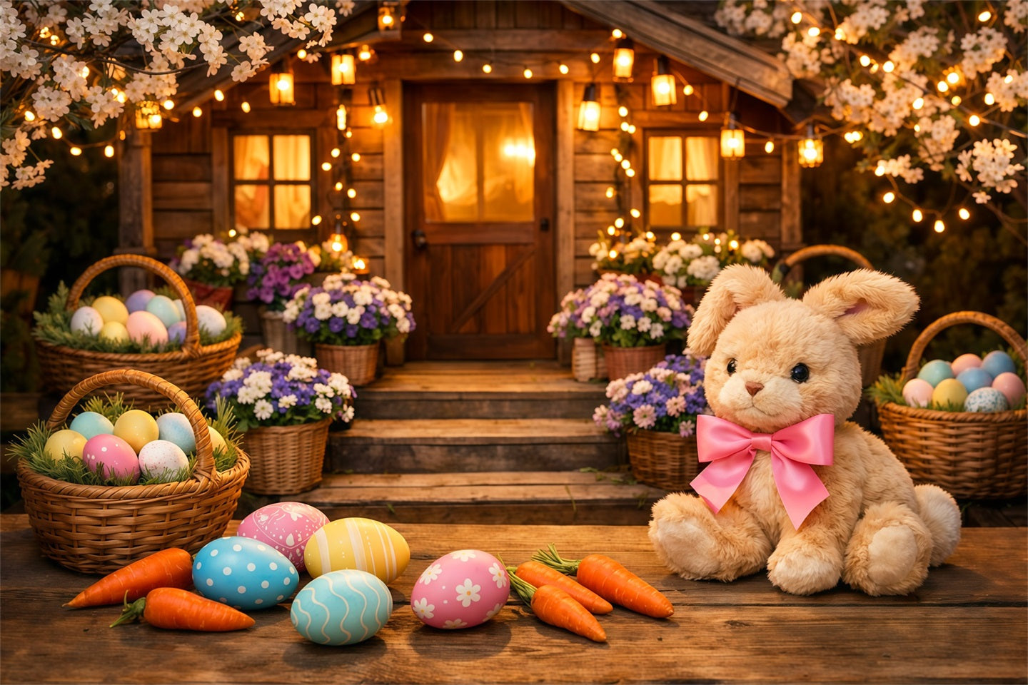 Osterhasen-Hintergrund für Fotos Kirschblütenhütte Osterkorb-Hintergrund für Ostern LXX62-52