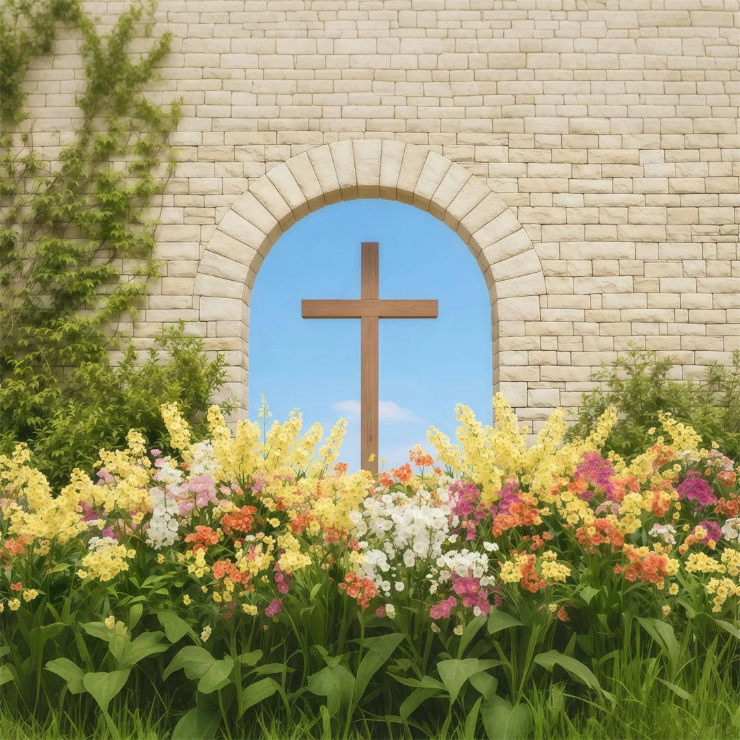 Ideen für Osterfotohintergründe für Kirchen Steinbogen Kreuz Frühlingsgarten Osterbild-Hintergrund LXX62-54