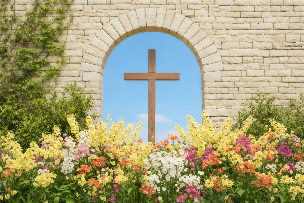 Ideen für Osterfotohintergründe für Kirchen Steinbogen Kreuz Frühlingsgarten Osterbild-Hintergrund LXX62-54