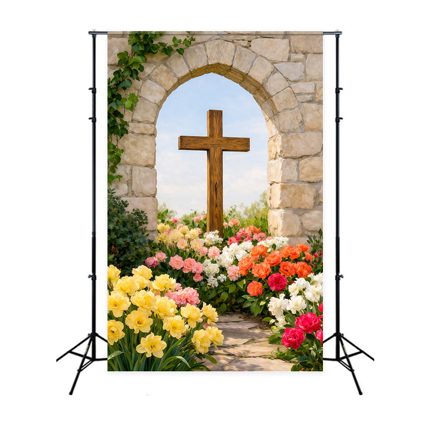 Ideen für Oster-Fotokulissen für Kirchen Rustikaler Bogen Kreuz Blumenweg Oster-Fotokulisse LXX62-55