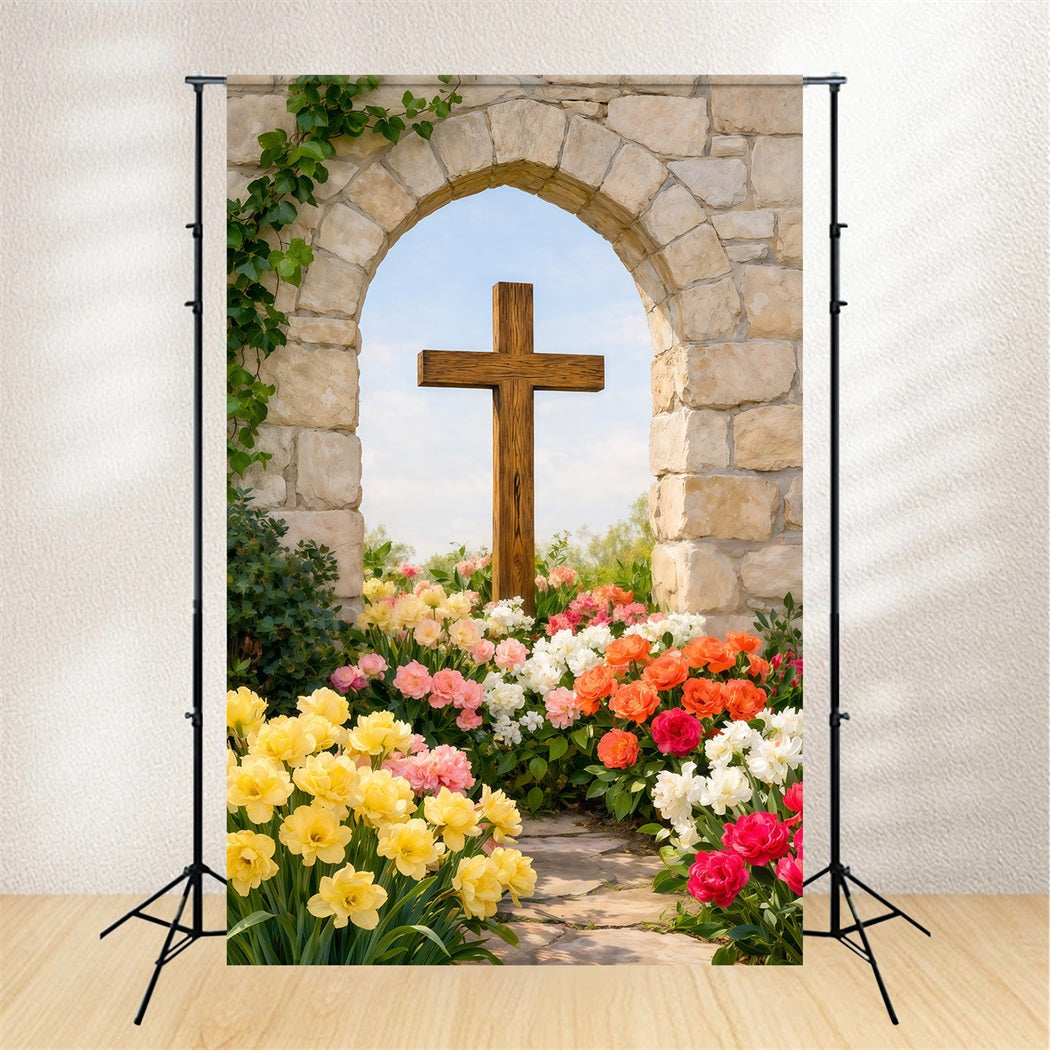 Ideen für Oster-Fotokulissen für Kirchen Rustikaler Bogen Kreuz Blumenweg Oster-Fotokulisse LXX62-55