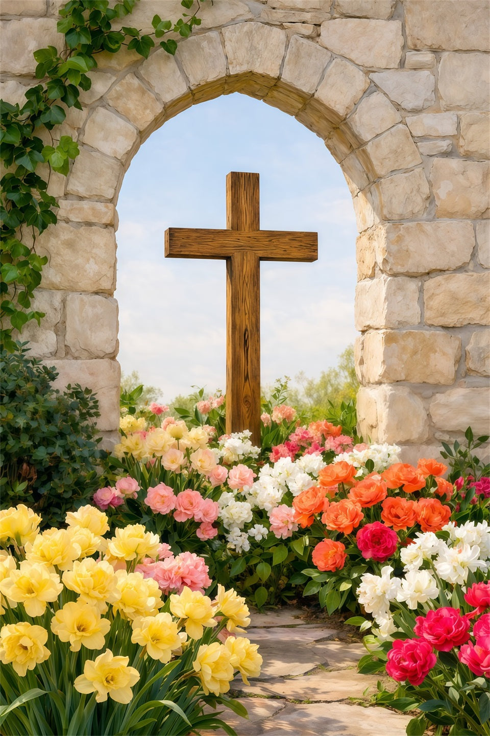 Ideen für Oster-Fotokulissen für Kirchen Rustikaler Bogen Kreuz Blumenweg Oster-Fotokulisse LXX62-55