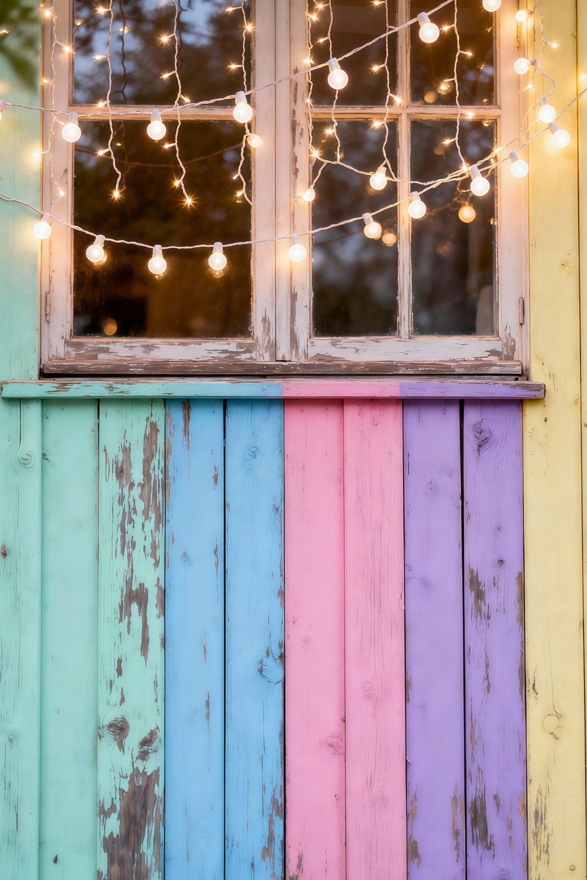Oster-Sonntag-Fotokulisse Pastellfarbenes Holzfenster Lichterkette Oster-Fotokulisse LXX62-56