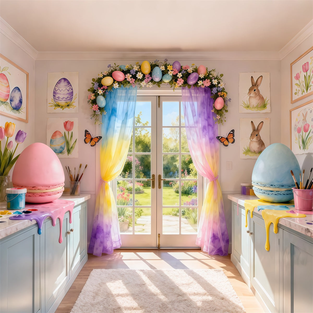 Frühlings-Oster-Hintergrund Regenbogen-Tropfen Macaron Studio-Raum Ideen für Oster-Fotohintergründe LXX62-57