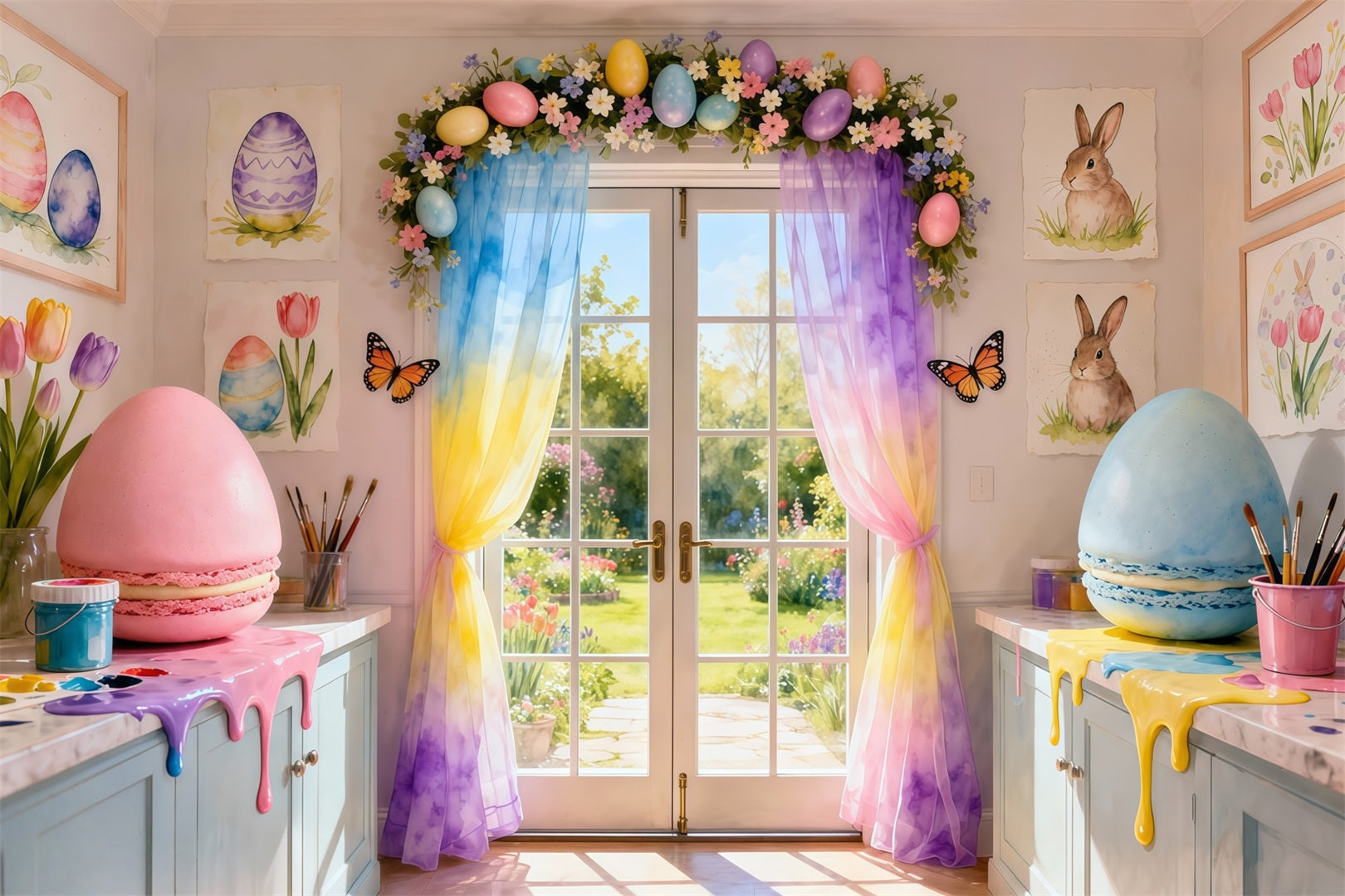 Frühlings-Oster-Hintergrund Regenbogen-Tropfen Macaron Studio-Raum Ideen für Oster-Fotohintergründe LXX62-57
