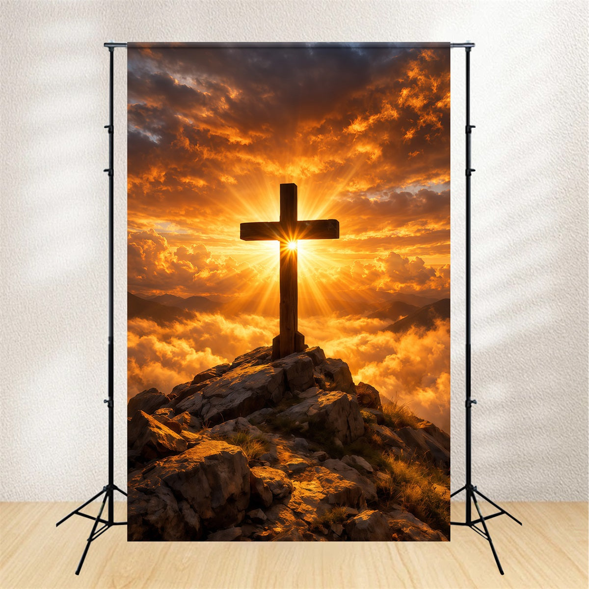 Religiöser Oster-Hintergrund Goldenes strahlendes Kreuz Sonnenaufgang Oster-Fotohintergründe zu verkaufen LXX62-58