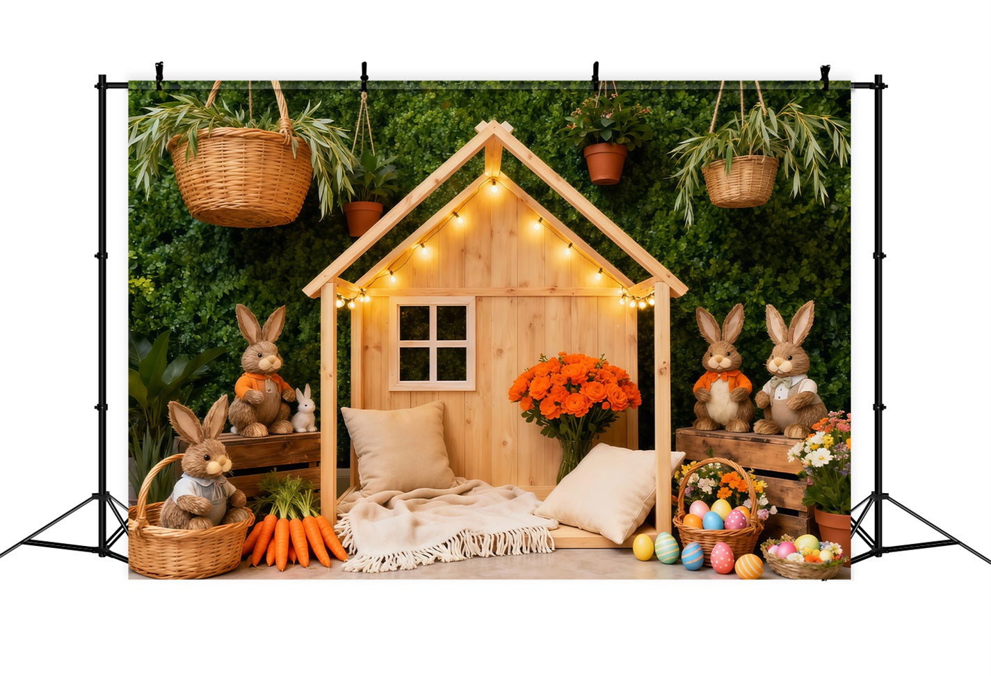 Osterkorb-Hintergrund Rustikales Häschen-Häuschen Karotten-Dekoration Oster-Hintergrund für Fotografie LXX62-60