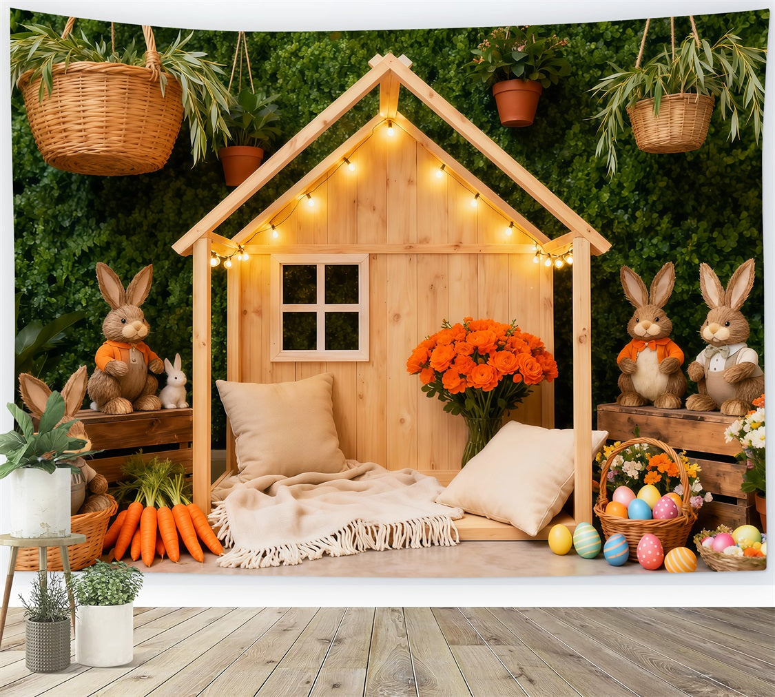 Osterkorb-Hintergrund Rustikales Häschen-Häuschen Karotten-Dekoration Oster-Hintergrund für Fotografie LXX62-60