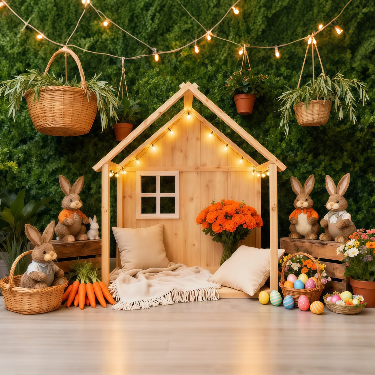 Osterkorb-Hintergrund Rustikales Häschen-Häuschen Karotten-Dekoration Oster-Hintergrund für Fotografie LXX62-60