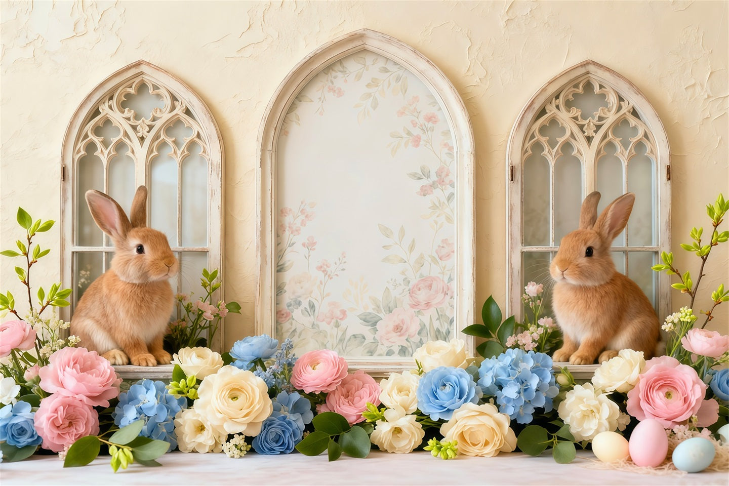 Osterhasen-Bildhintergrund Vintage-Blumenbogen Fenster-Hintergründe für Osterbilder LXX62-61