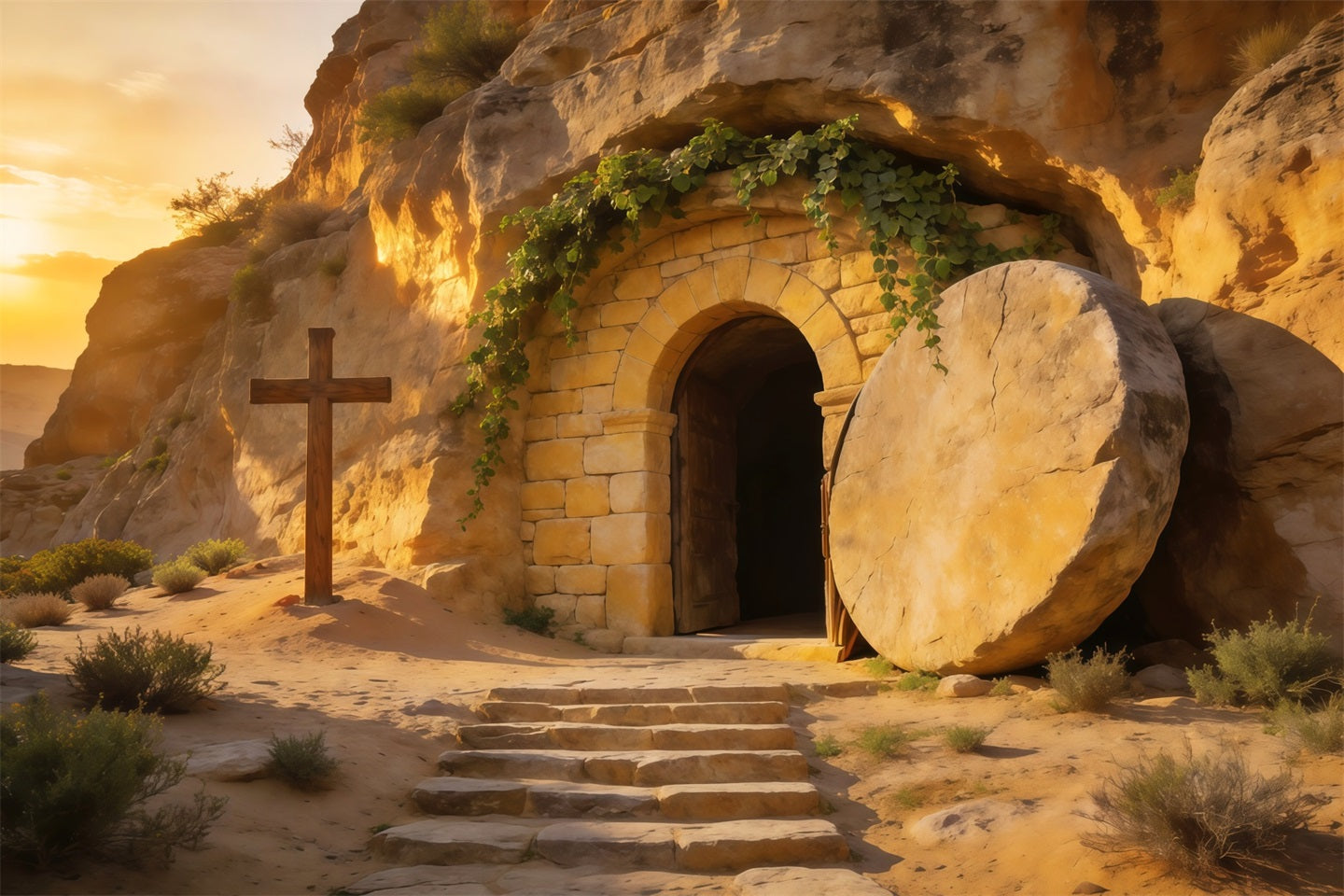 Ostergrab-Hintergrund Goldener Sonnenaufgang Leere Höhle Kreuz Outdoor-Osterhintergrund LXX62-64