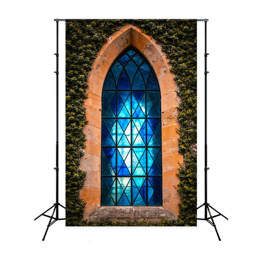 Oster-Hintergründe mit religiösem Motiv Efeubegrünter gotischer blauer Fenster-Osterhintergrund für Fotos LXX62-66