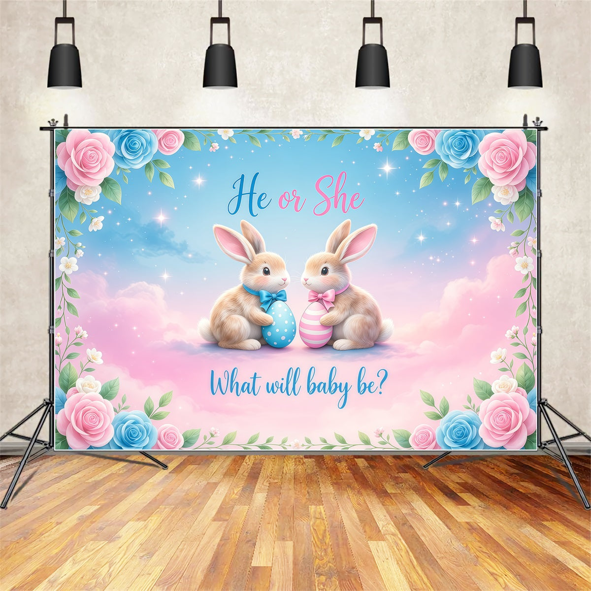 Oster-Geschlechtsenthüllungs-Hintergrund Hase Er oder Sie Blumen Fotohintergründe Ostern LXX62-76