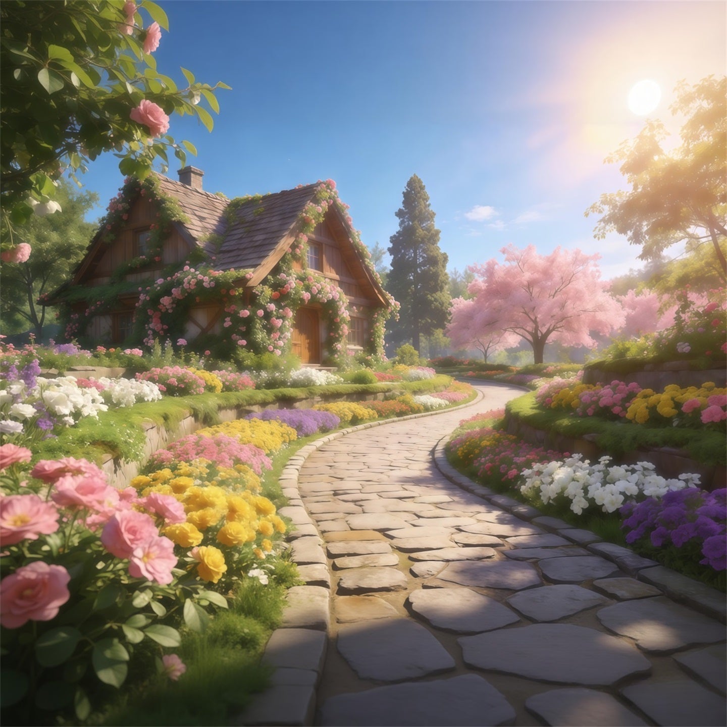 Romantisches Landhaus Muttertag-Hintergrund Frühlingsblumenweg Sonnenschein Froher Muttertag-Hintergrund LXX63-15