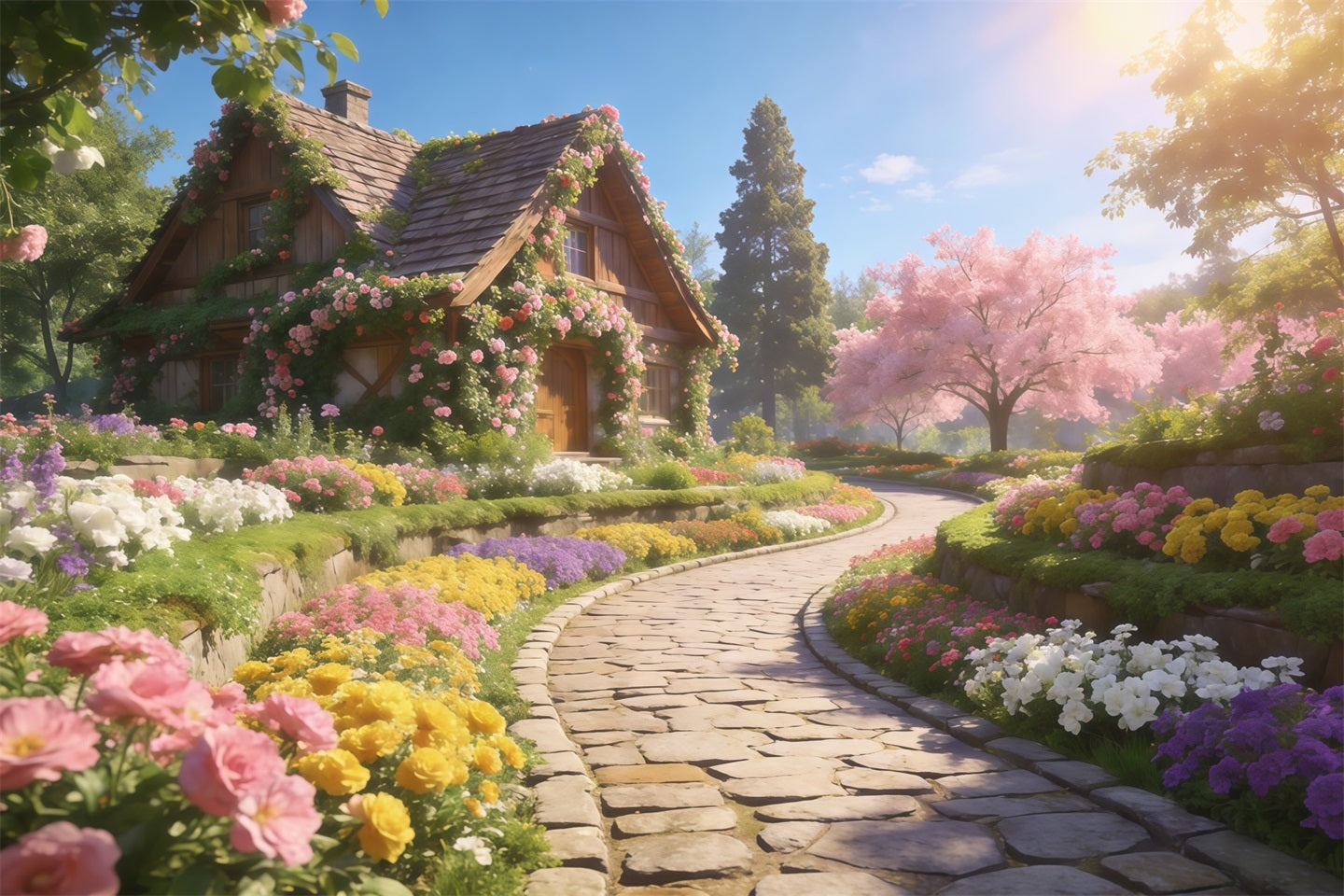 Romantisches Landhaus Muttertag-Hintergrund Frühlingsblumenweg Sonnenschein Froher Muttertag-Hintergrund LXX63-15