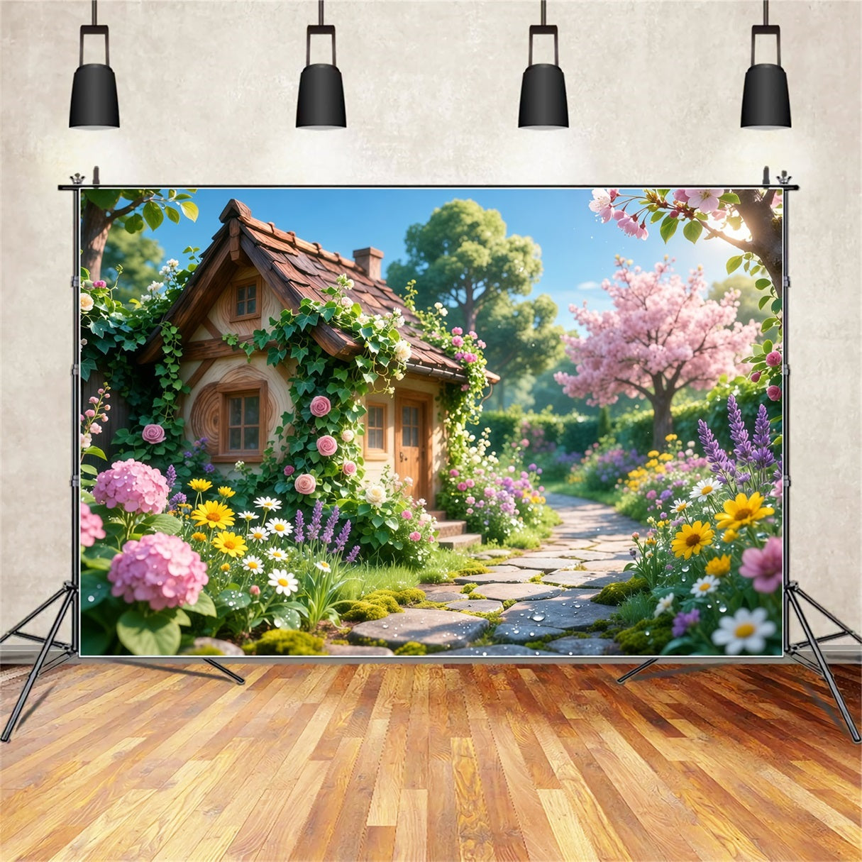Romantisches Landhaus Muttertag-Hintergrund Charmante Blüten Steinweg Alles Gute zum Muttertag-Hintergrund LXX63-16