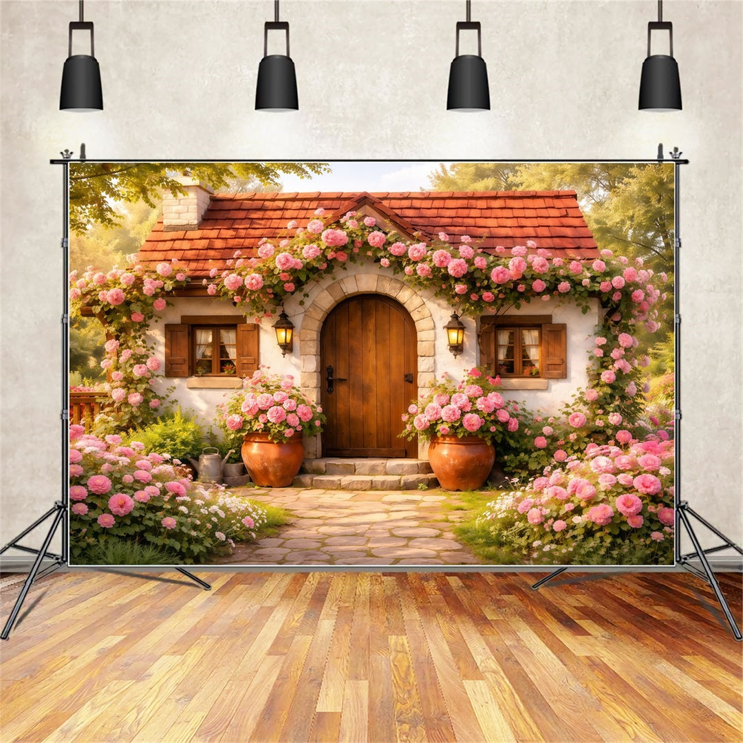 Romantisches Landhaus Muttertag-Hintergrund Rustikale Tür Rosenblüte Alles Gute zum Muttertag-Hintergrund LXX63-17