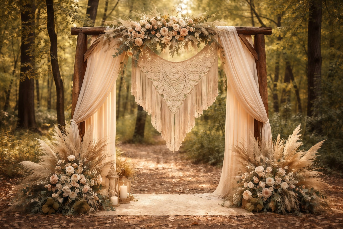 Blumenbogen Muttertag-Hintergrund Boho-Pampasgras-Blumenbogen Wald Muttertag-Hintergrundideen LXX63-20
