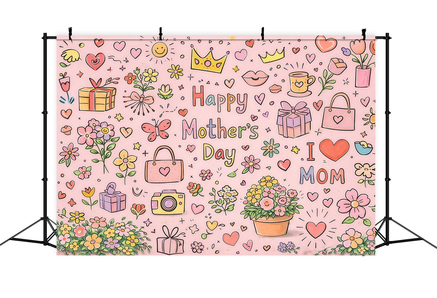 Hintergrund für den Muttertag mit Buchstaben „Mom“ und niedlichem Doodle-Blumenmuster – Hintergrund für Geschenke zum Muttertag LXX63-26
