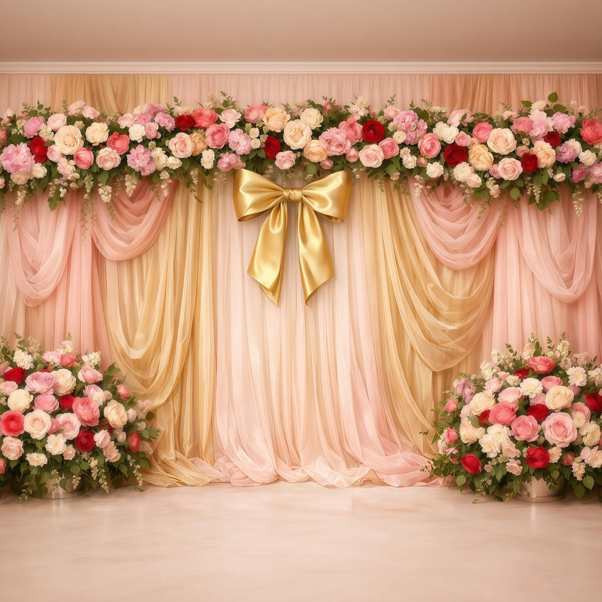 Rosa-Gold-Romantik Muttertag-Hintergrund Rosa-Gold-drapierte Blumen-Schleifen-Hintergründe für den Muttertag LXX63-29