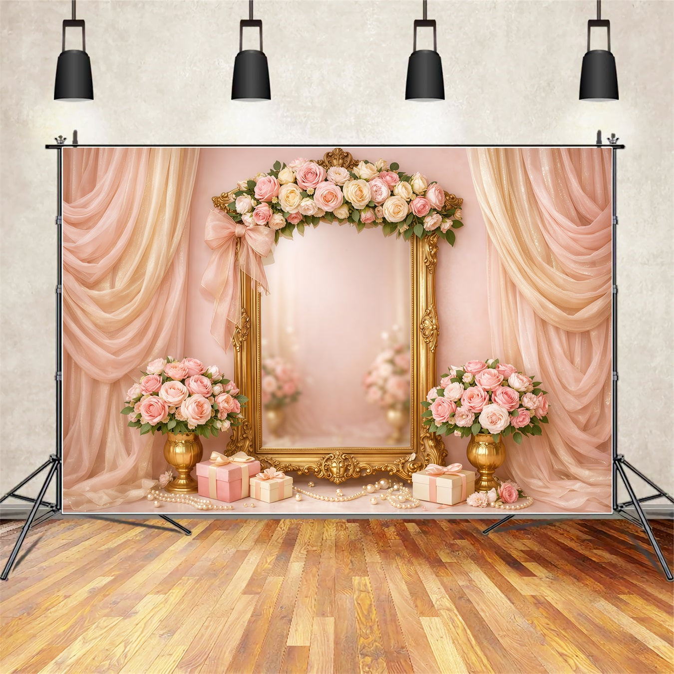 Rosa-Gold-Romantik Muttertag-Hintergrund Luxusrahmen mit Blumen-Geschenk Muttertag-Hintergründe LXX63-31