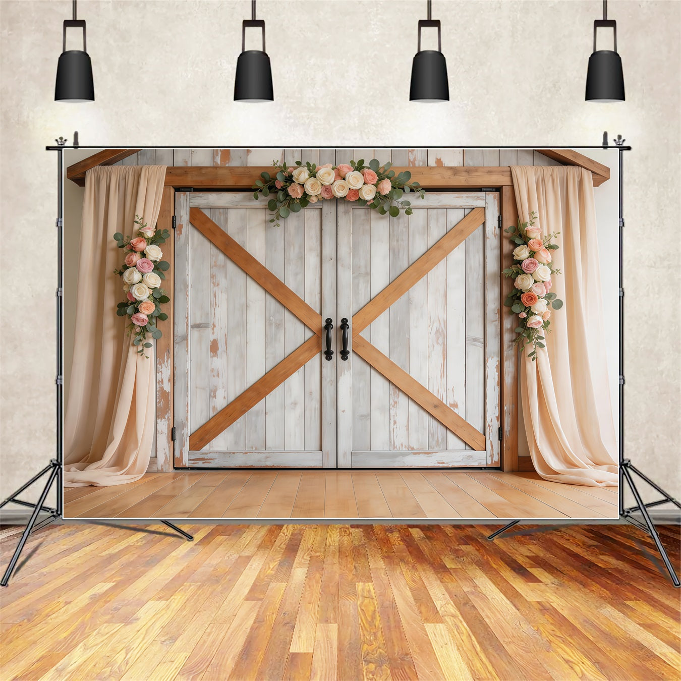Fotohintergrund zum Muttertag im Farmhouse-Chic: Rustikale weiße Scheunentür aus Holz, Fotohintergrund zum Muttertag LXX63-43