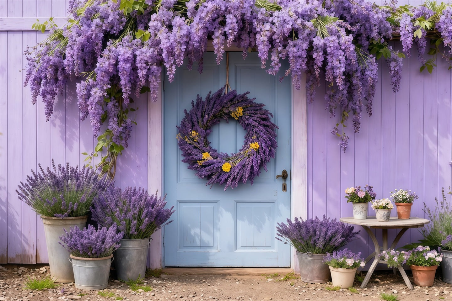 Lavendelstrauß-Hintergrund zum Muttertag: Lila Blumenkranz vor blauer Tür – Fotohintergrund zum Muttertag LXX63-45