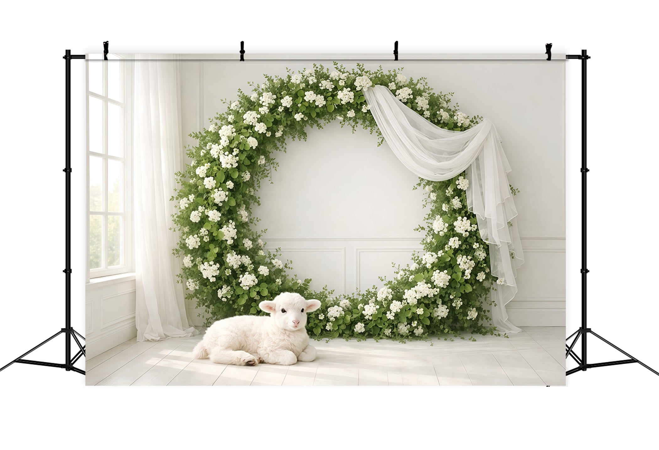 Ideen für Muttertags-Fotohintergründe für die Kirche: Blumenkranz, weißes Lamm, „Happy Mother’s Day“-Fotohintergrund LXX63-49