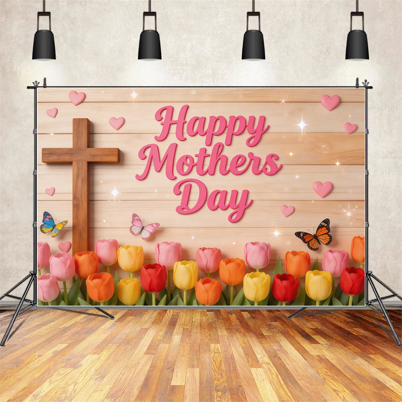 Fotohintergrund für den Muttertag in der Kirche: Tulpen, Schmetterling, Holzkreuz – Hintergründe für den Muttertag LXX63-51