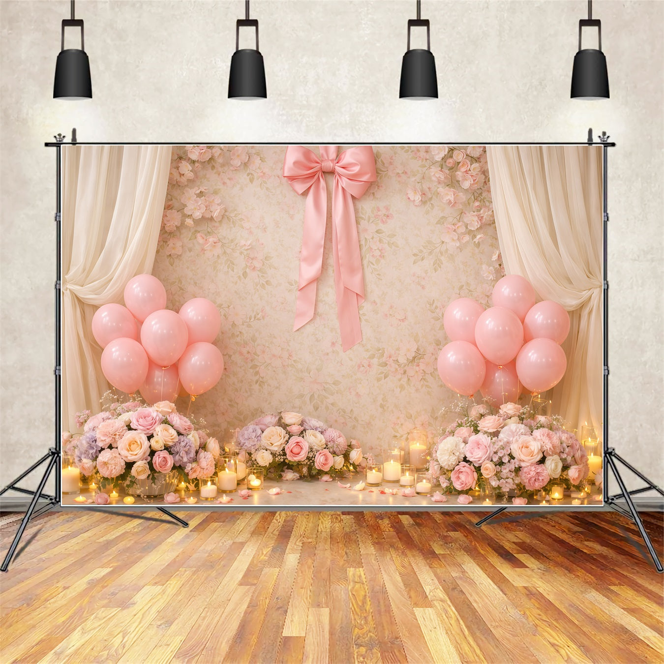 Muttertags-Ballon-Hintergrund: Elegante rosa Ballons, Blumen und Kerzen – Ideen für Muttertags-Hintergründe LXX63-52