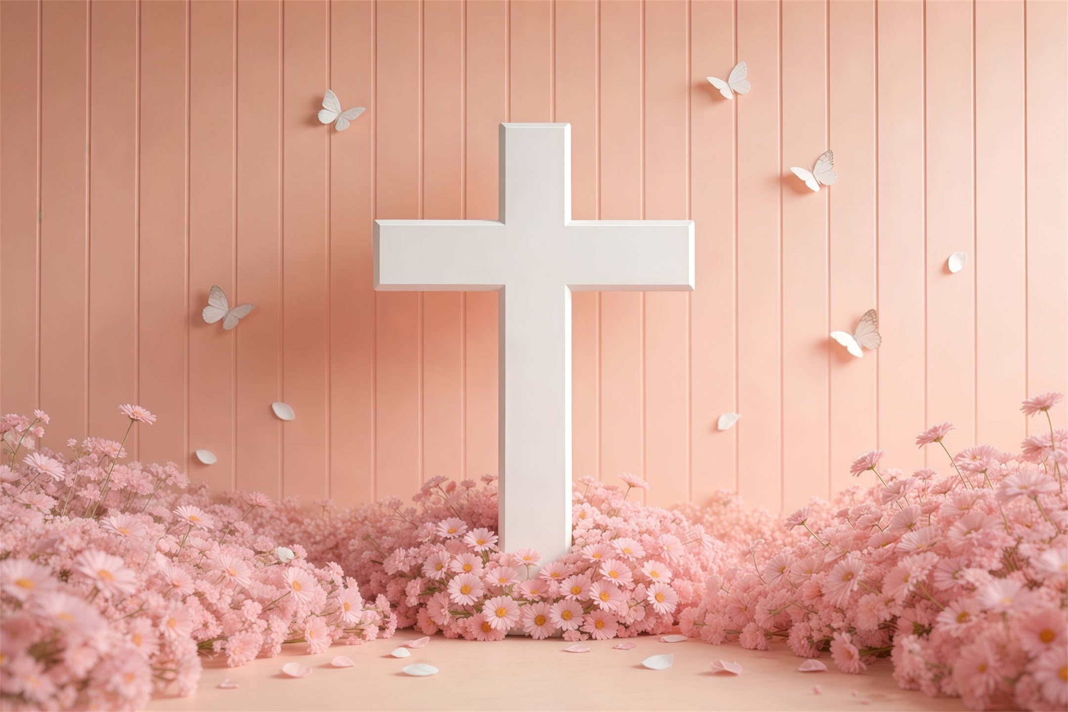 Muttertags-Hintergrund für die Kirche: Weißes Kreuz, rosa Gänseblümchen, Schmetterling – Muttertags-Fotohintergründe LXX63-54