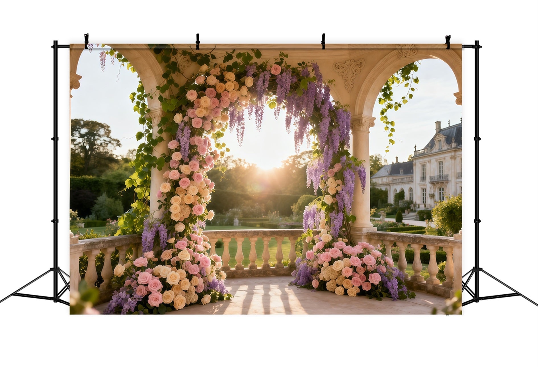 Ideen für blumige Muttertags-Hintergründe – Säulenbogen, Sonnenuntergang, Rosen, Glyzinien – Hintergrunddesign zum Muttertag LXX63-57