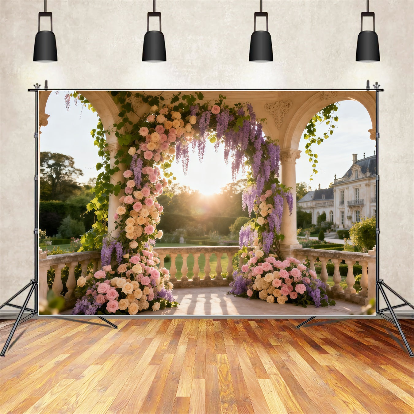 Ideen für blumige Muttertags-Hintergründe – Säulenbogen, Sonnenuntergang, Rosen, Glyzinien – Hintergrunddesign zum Muttertag LXX63-57