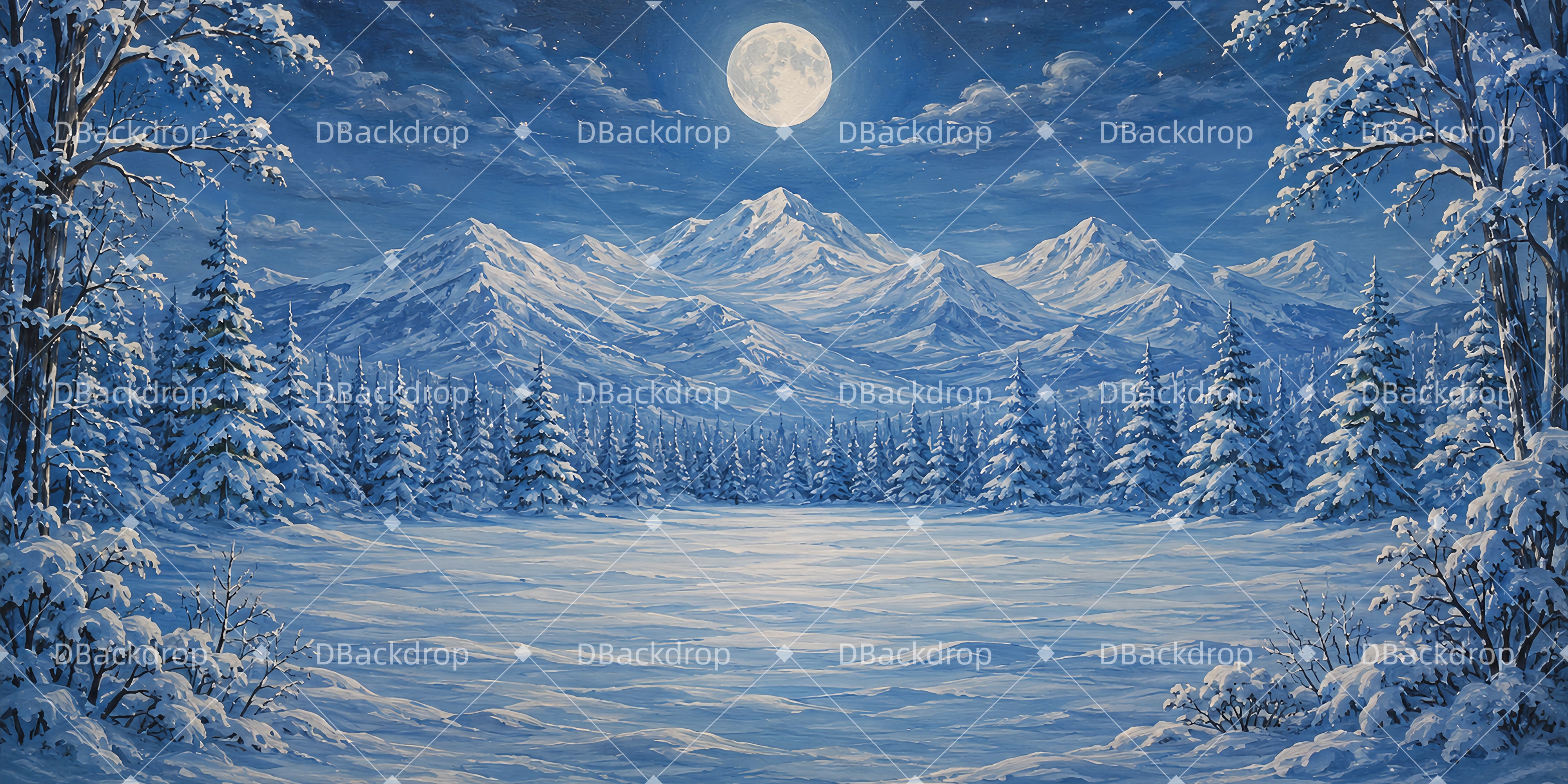 Verschneite Berggipfel im Mondlicht panoramischer Bühnenhintergrund LXX65-T100