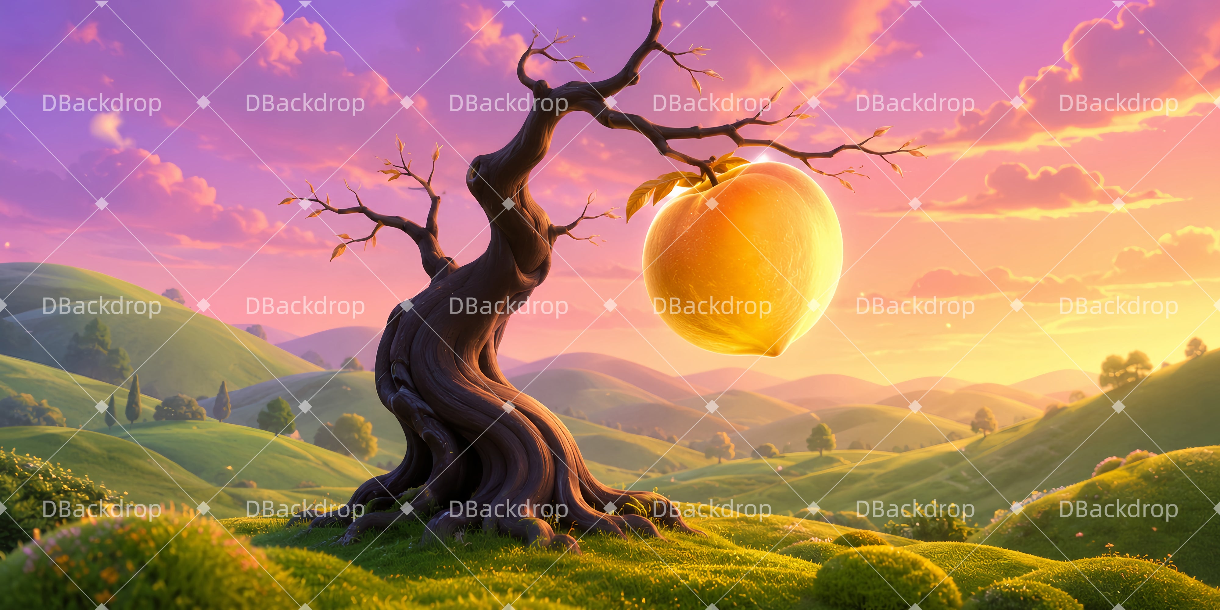 Bühnenhintergründe Sonnenuntergang im Pfirsichtal für Schulaufführungen LXX65-T39