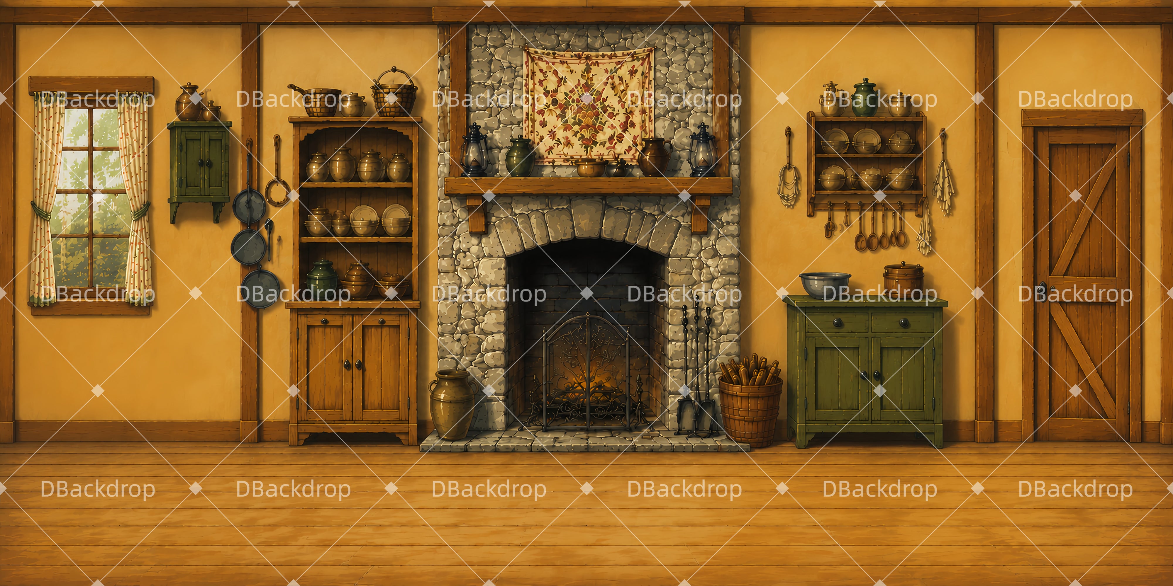 Rustikale Küche mit Kamin Bühnenbild für Schultheater LXX65-T92