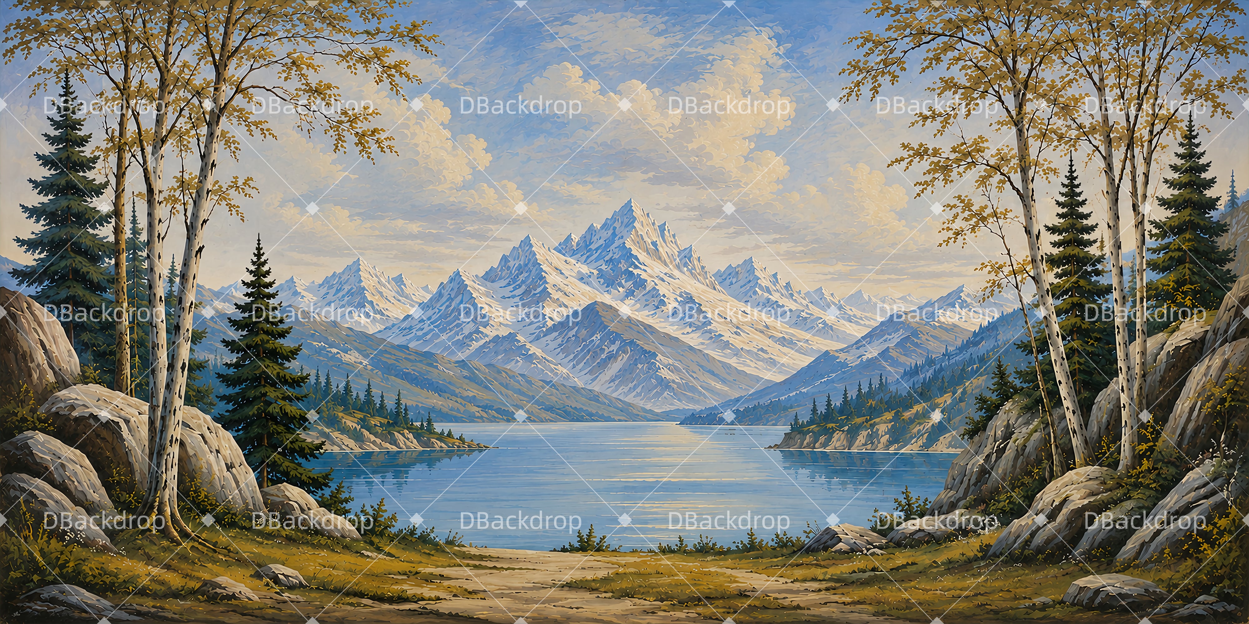 Verschneiter Bergsee panoramische Bühnenkulisse LXX65-T95