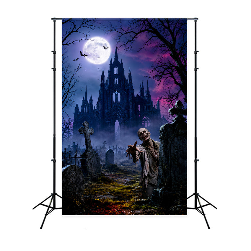 Halloween Party Fotohintergrund Mondbeschienene Burg Zombie Friedhof Halloween LXX67-1
