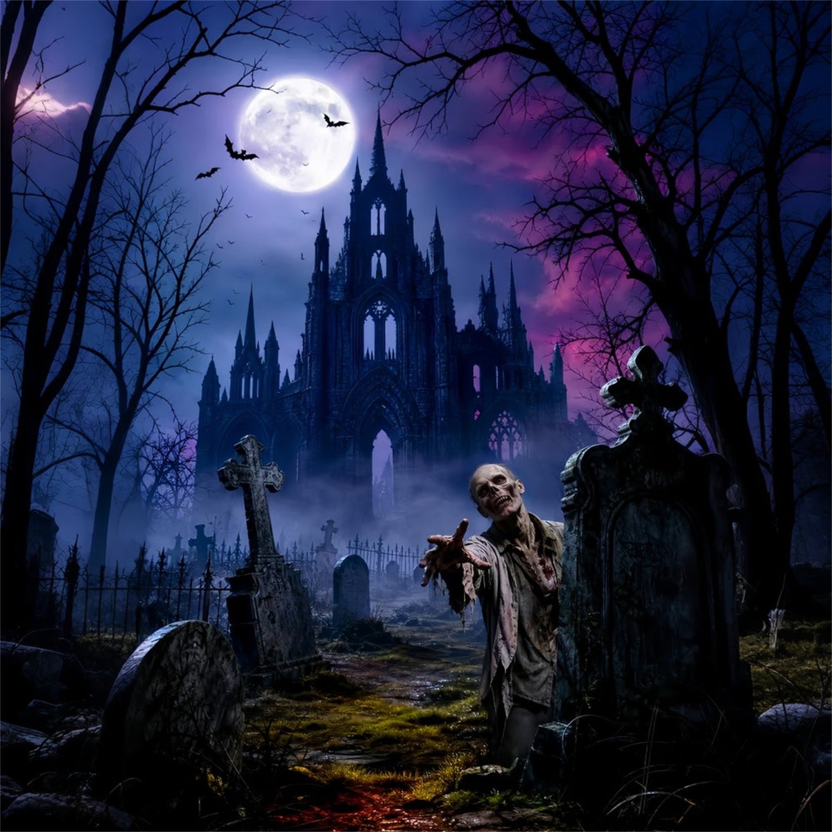 Halloween Party Fotohintergrund Mondbeschienene Burg Zombie Friedhof Halloween LXX67-1