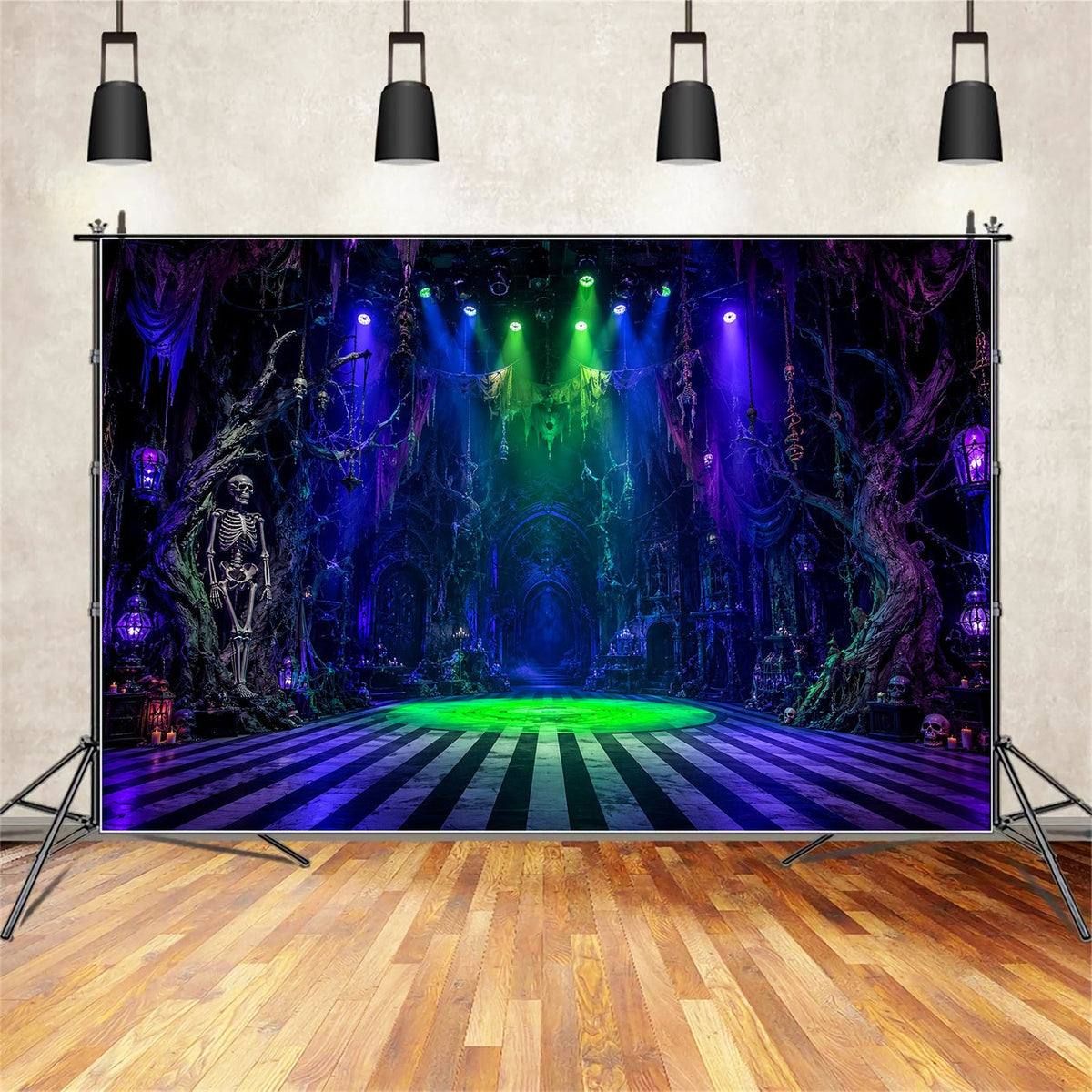 Halloween-Party-Fotohintergrund-IdeenSkelett-Spukhalle Scheinwerfer Gruseliger Halloween-Hintergrund LXX67-101