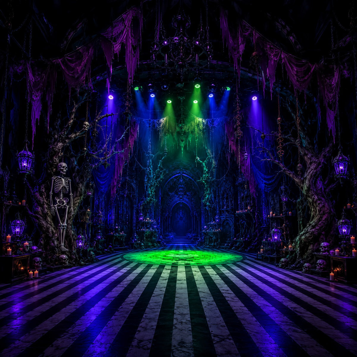 Halloween-Party-Fotohintergrund-IdeenSkelett-Spukhalle Scheinwerfer Gruseliger Halloween-Hintergrund LXX67-101