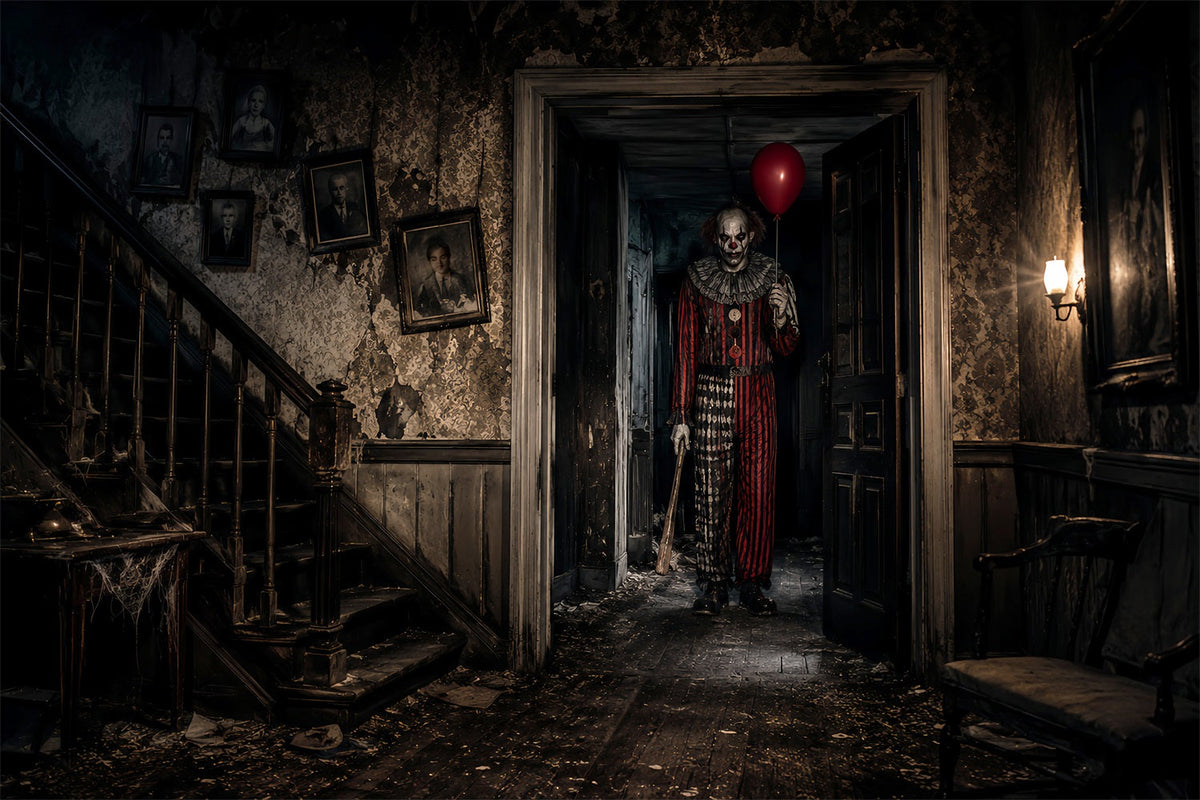 Halloween-Clown-Hintergrund Gruseliger Geist Spukflur-Halloween-Stoffhintergrund LXX67-106