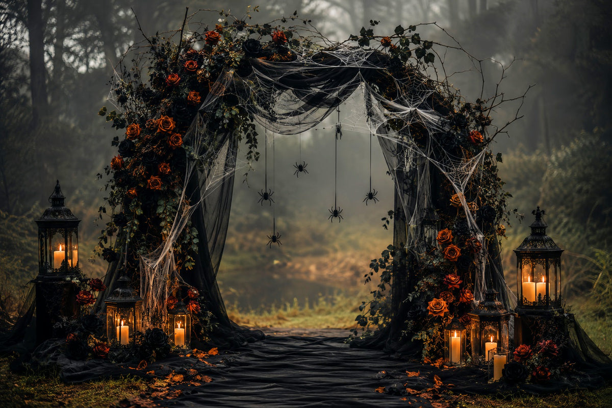 Halloween-Hochzeitshintergrund Gotischer Rosen-Spinnenbogen Halloween-Fotohintergrund LXX67-110