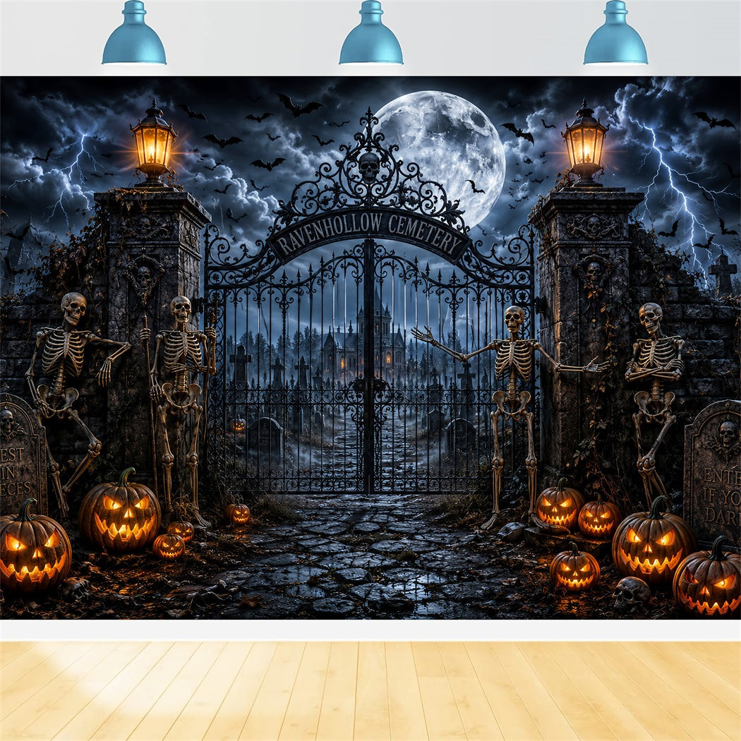 Halloween-Hintergrund Für Den AußenbereichStürmisches Skelett-Friedhofstor Gruseliger Halloween-Hintergrund LXX67-116