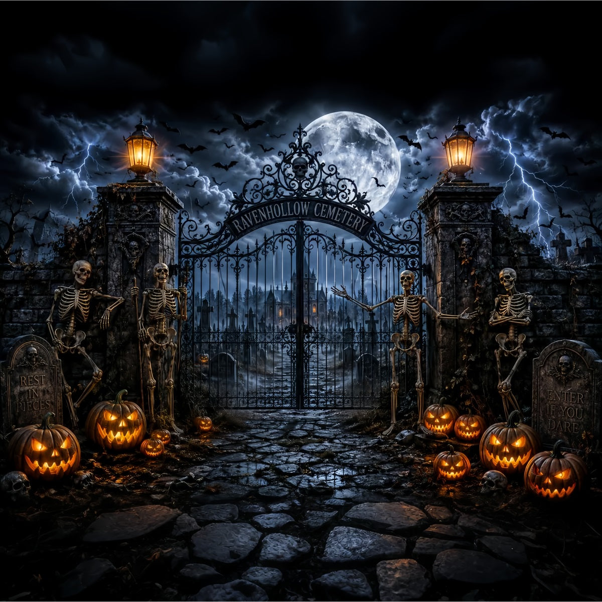 Halloween-Hintergrund Für Den AußenbereichStürmisches Skelett-Friedhofstor Gruseliger Halloween-Hintergrund LXX67-116
